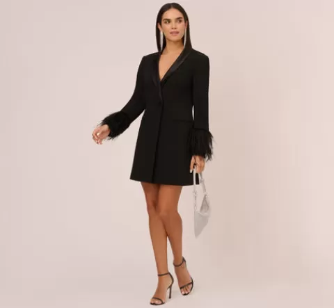 Adrianna Papell Knit Crepe Long Sleeve Blazer Dress With Feather Trim In BLACK Hot
