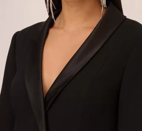 Adrianna Papell Knit Crepe Long Sleeve Blazer Dress With Feather Trim In BLACK Hot