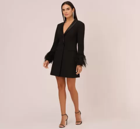 Adrianna Papell Knit Crepe Long Sleeve Blazer Dress With Feather Trim In BLACK Hot