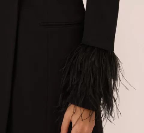Adrianna Papell Knit Crepe Long Sleeve Blazer Dress With Feather Trim In BLACK Hot