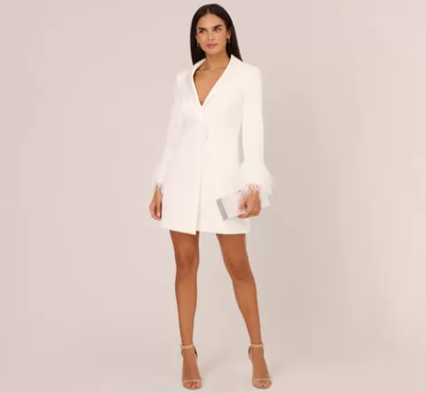 Adrianna Papell Knit Crepe Long Sleeve Blazer Dress With Feather Trim In IVORY New