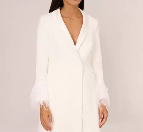 Adrianna Papell Knit Crepe Long Sleeve Blazer Dress With Feather Trim In IVORY New