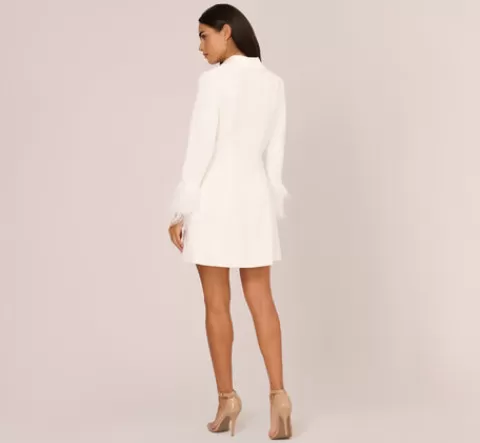 Adrianna Papell Knit Crepe Long Sleeve Blazer Dress With Feather Trim In IVORY New