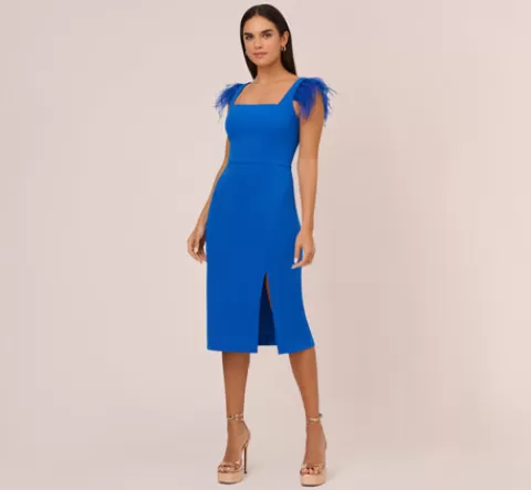 Adrianna Papell Knit Crepe Midi Dress With Feather Shoulder Accents In Dark Cobalt DARKCOBALT Sale