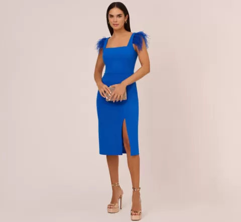 Adrianna Papell Knit Crepe Midi Dress With Feather Shoulder Accents In Dark Cobalt DARKCOBALT Sale