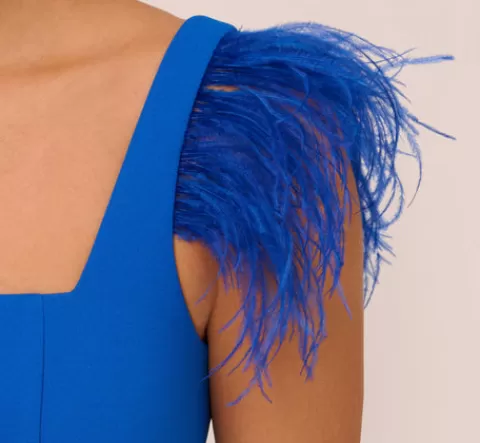 Adrianna Papell Knit Crepe Midi Dress With Feather Shoulder Accents In Dark Cobalt DARKCOBALT Sale