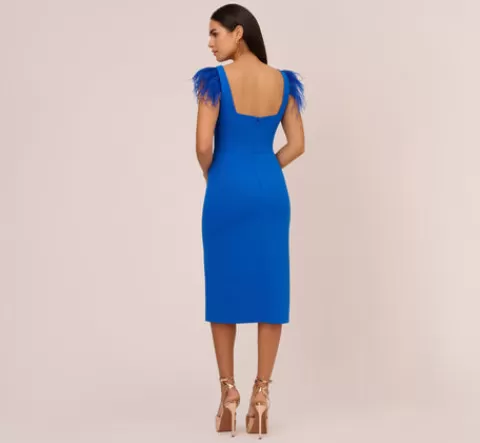 Adrianna Papell Knit Crepe Midi Dress With Feather Shoulder Accents In Dark Cobalt DARKCOBALT Sale
