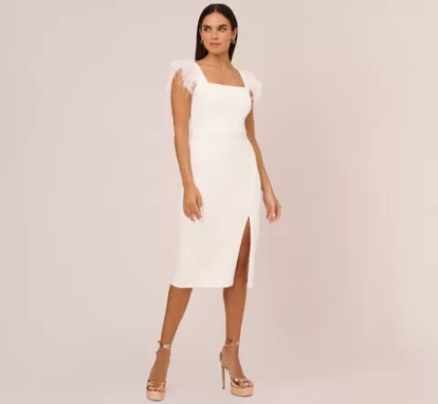 Adrianna Papell Knit Crepe Midi Dress With Feather Shoulder Accents In IVORY Discount