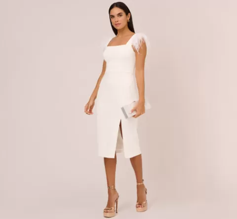 Adrianna Papell Knit Crepe Midi Dress With Feather Shoulder Accents In IVORY Discount