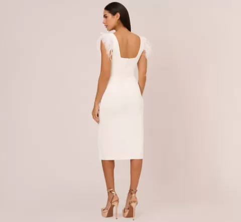 Adrianna Papell Knit Crepe Midi Dress With Feather Shoulder Accents In IVORY Discount