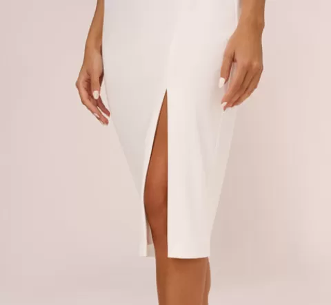 Adrianna Papell Knit Crepe Midi Dress With Feather Shoulder Accents In IVORY Discount