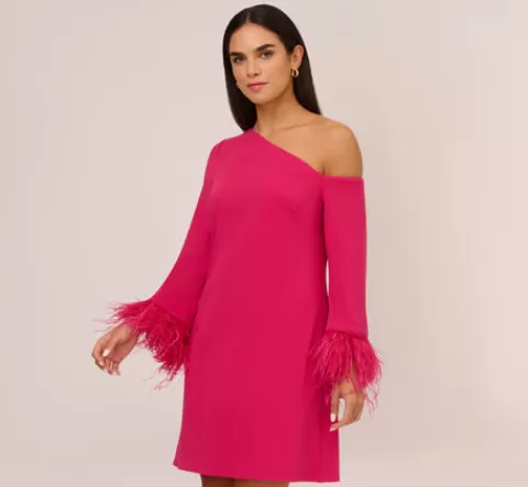 Adrianna Papell Knit Crepe One Shoulder Long Sleeve Dress With Feather Accents In Bright Rose BRIGHTROSE Best Sale