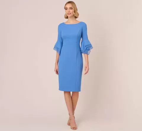 Adrianna Papell Knit Crepe Sheath Dress With Tiered Three Quarter Sleeves In Cool Water COOLWATER Best