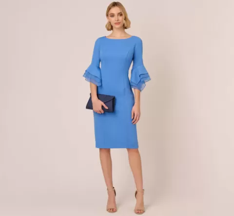 Adrianna Papell Knit Crepe Sheath Dress With Tiered Three Quarter Sleeves In Cool Water COOLWATER Best