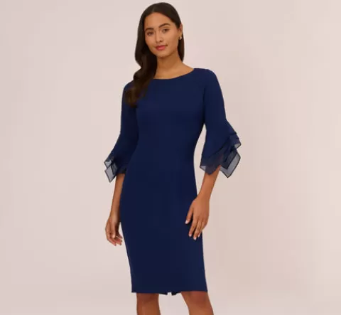 Adrianna Papell Knit Crepe Sheath Dress With Tiered Three Quarter Sleeves In Navy Sateen NAVYSATEEN Fashion