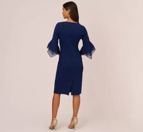 Adrianna Papell Knit Crepe Sheath Dress With Tiered Three Quarter Sleeves In Navy Sateen NAVYSATEEN Fashion