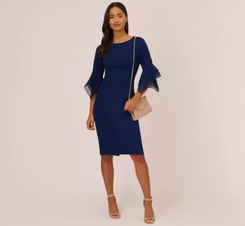 Adrianna Papell Knit Crepe Sheath Dress With Tiered Three Quarter Sleeves In Navy Sateen NAVYSATEEN Fashion