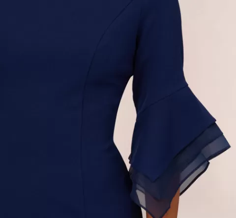 Adrianna Papell Knit Crepe Sheath Dress With Tiered Three Quarter Sleeves In Navy Sateen NAVYSATEEN Fashion