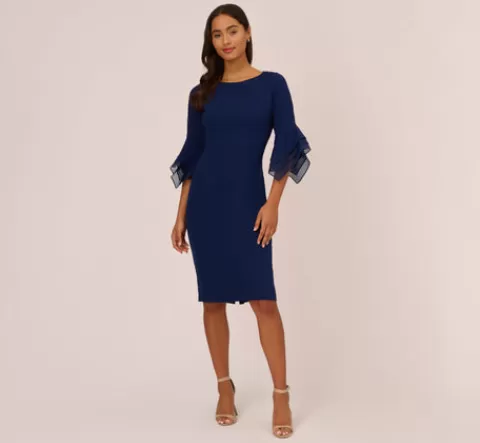 Adrianna Papell Knit Crepe Sheath Dress With Tiered Three Quarter Sleeves In Navy Sateen NAVYSATEEN Fashion