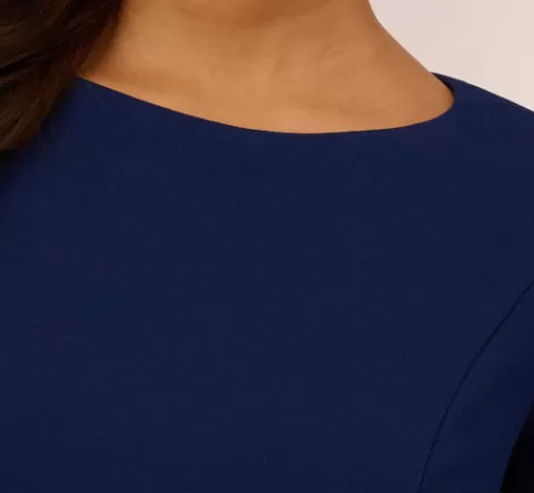 Adrianna Papell Knit Crepe Sheath Dress With Tiered Three Quarter Sleeves In Navy Sateen NAVYSATEEN Fashion