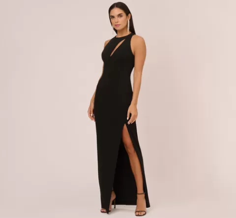 Adrianna Papell Knit Crepe Sleeveless Column Gown With Cutout Neckline In BLACK New