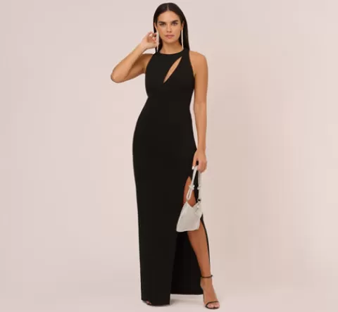 Adrianna Papell Knit Crepe Sleeveless Column Gown With Cutout Neckline In BLACK New
