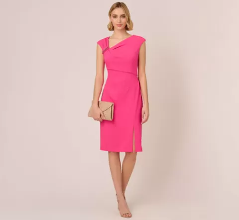 Adrianna Papell Knit Crepe Sleeveless Midi Dress With Asymmetrical Neckline In Electric Pink ELECTRICPINK Discount