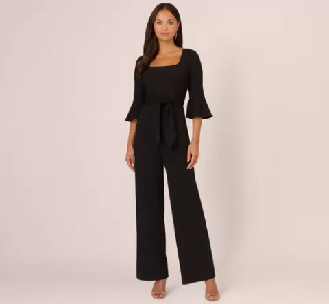 Adrianna Papell Knit Crepe Wide Leg Jumpsuit With Bell Sleeves In BLACK Flash Sale