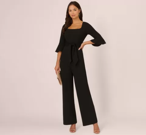 Adrianna Papell Knit Crepe Wide Leg Jumpsuit With Bell Sleeves In BLACK Flash Sale