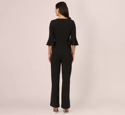 Adrianna Papell Knit Crepe Wide Leg Jumpsuit With Bell Sleeves In BLACK Flash Sale