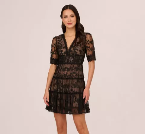 Adrianna Papell Lace Embroidered V Neck Dress With Elbow Sleeves In Black Nude BLACK-NUDE Clearance