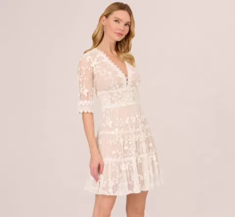 Adrianna Papell Lace Embroidered V Neck Dress With Elbow Sleeves In Ivory Nude IVORY-NUDE Best
