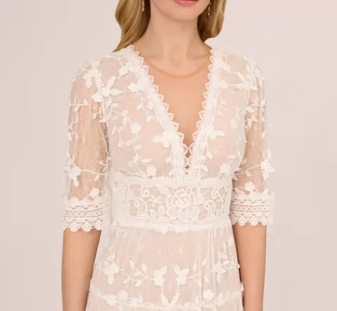 Adrianna Papell Lace Embroidered V Neck Dress With Elbow Sleeves In Ivory Nude IVORY-NUDE Best
