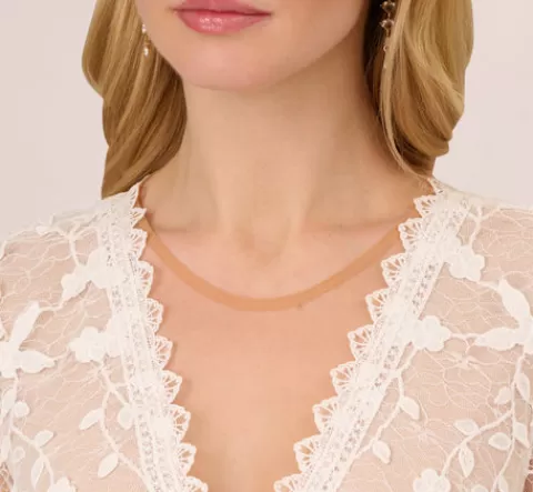 Adrianna Papell Lace Embroidered V Neck Dress With Elbow Sleeves In Ivory Nude IVORY-NUDE Best
