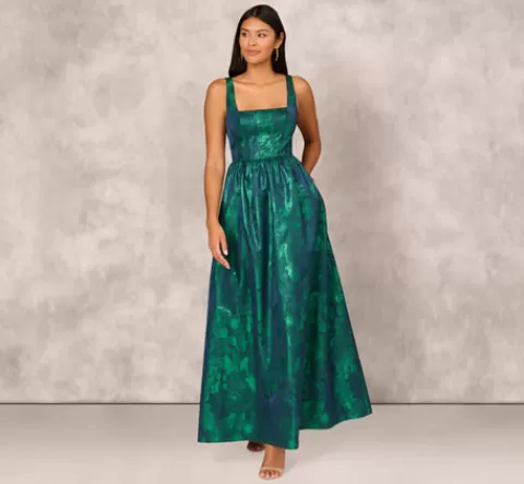 Adrianna Papell Lame Satin Jacquard Gown With Square Neckline In Dark Ivy DARKIVY Online