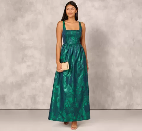 Adrianna Papell Lame Satin Jacquard Gown With Square Neckline In Dark Ivy DARKIVY Online
