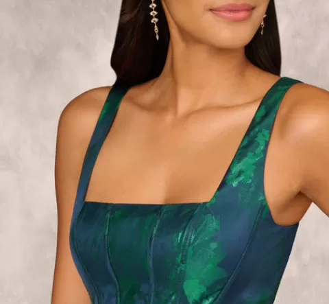 Adrianna Papell Lame Satin Jacquard Gown With Square Neckline In Dark Ivy DARKIVY Online