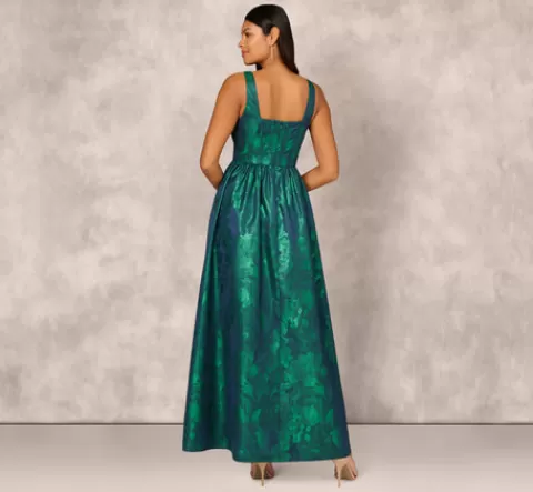 Adrianna Papell Lame Satin Jacquard Gown With Square Neckline In Dark Ivy DARKIVY Online