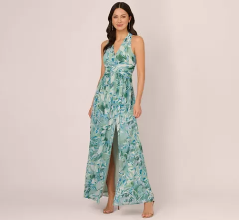 Adrianna Papell Leaf Print Chiffon Shirred Gown With Halter Neckline In SLATE Discount