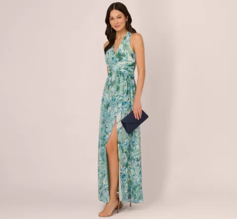 Adrianna Papell Leaf Print Chiffon Shirred Gown With Halter Neckline In SLATE Discount