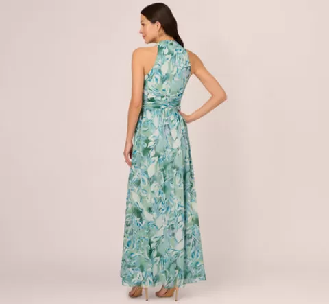 Adrianna Papell Leaf Print Chiffon Shirred Gown With Halter Neckline In SLATE Discount