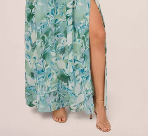 Adrianna Papell Leaf Print Chiffon Shirred Gown With Halter Neckline In SLATE Discount