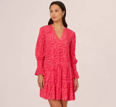 Adrianna Papell Leaf Print Tiered Shift Dress With Long Bell Sleeves In Pink Multi PINKMULTI Cheap