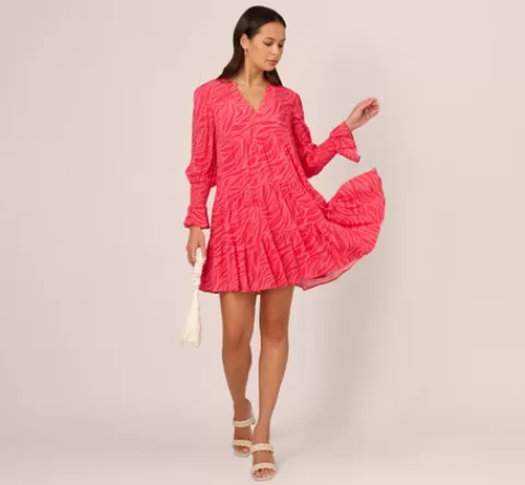 Adrianna Papell Leaf Print Tiered Shift Dress With Long Bell Sleeves In Pink Multi PINKMULTI Cheap