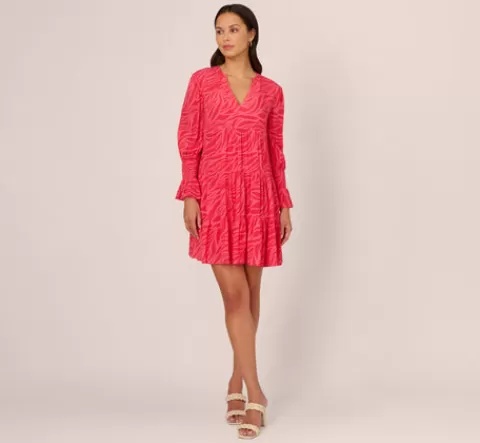 Adrianna Papell Leaf Print Tiered Shift Dress With Long Bell Sleeves In Pink Multi PINKMULTI Cheap