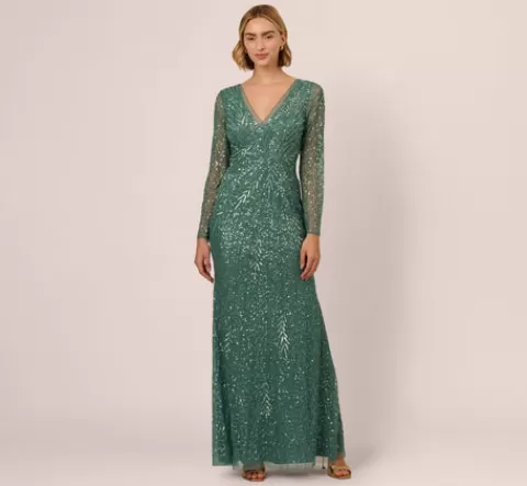 Adrianna Papell Long Sleeve Beaded Full Length Dress In Green Slate GREENSLATE Flash Sale