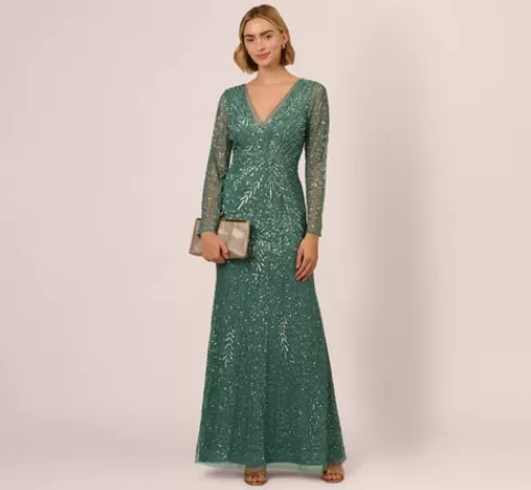 Adrianna Papell Long Sleeve Beaded Full Length Dress In Green Slate GREENSLATE Flash Sale