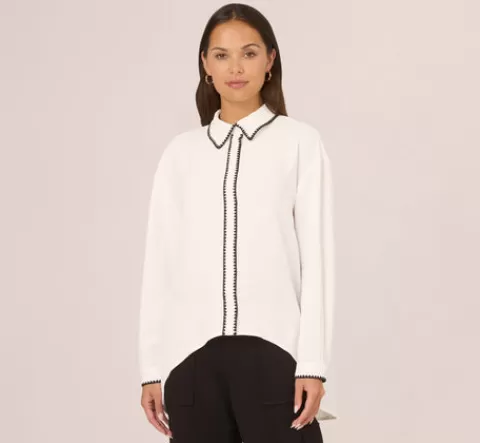 Adrianna Papell Long Sleeve Button Down Top With Embroidered Details In Ivory Black IVORY-BLACK Hot
