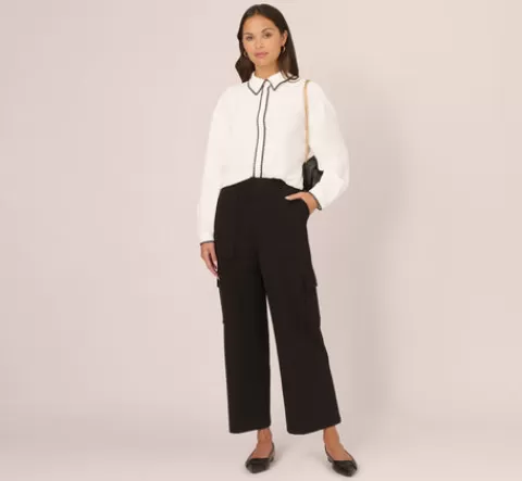 Adrianna Papell Long Sleeve Button Down Top With Embroidered Details In Ivory Black IVORY-BLACK Hot
