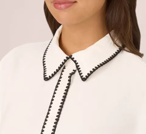 Adrianna Papell Long Sleeve Button Down Top With Embroidered Details In Ivory Black IVORY-BLACK Hot